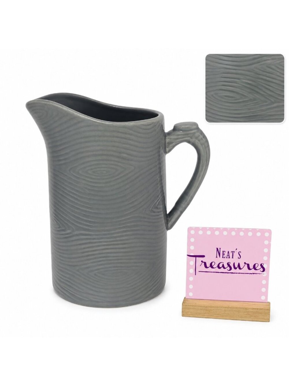Temptations By Tara WOODLAND Gray 1.5Qt Ceramic Handle Texture Beverage Pitcher